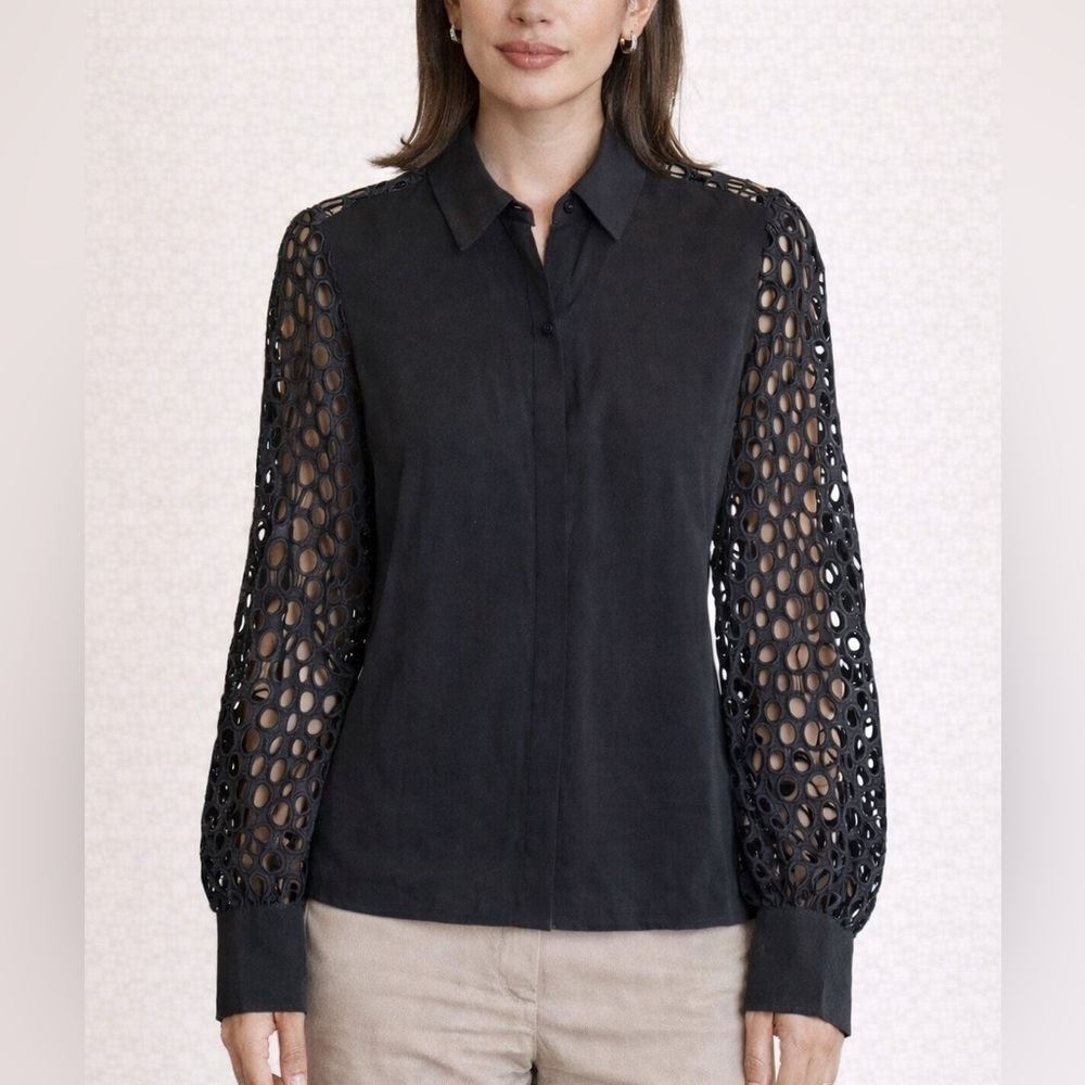 Alexis Eyelet Lace Button Down Top Semi Sheer Silk Black Size XS